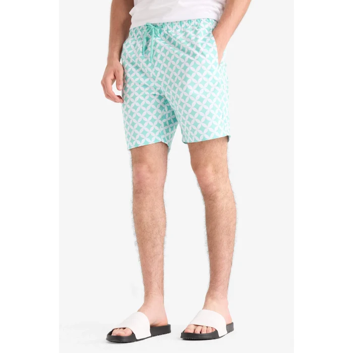 Defacto E0977 Yeşil Regular Fit Desenli File Astarlı Kısa Boy Deniz Şortu