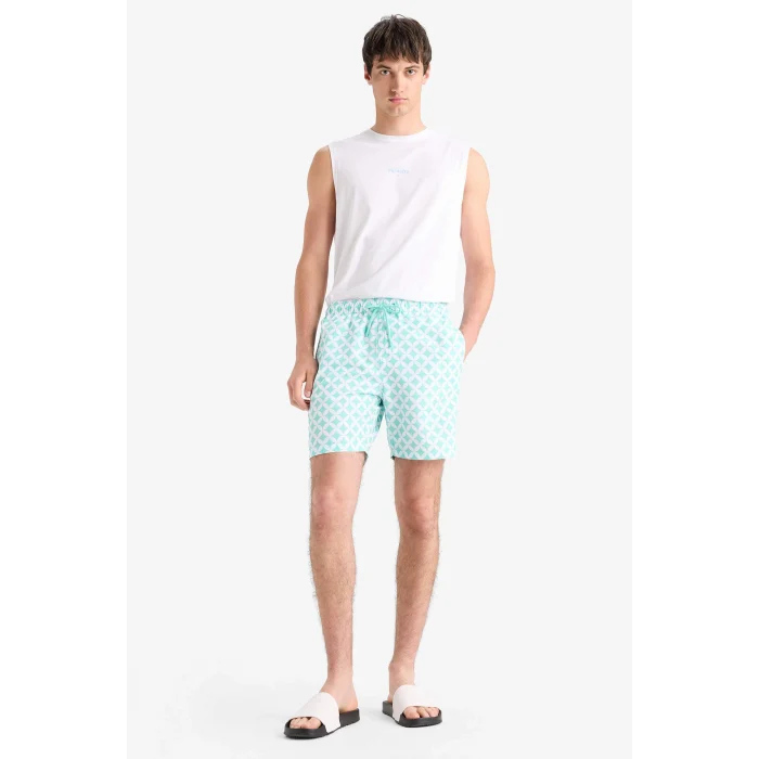 Defacto E0977 Yeşil Regular Fit Desenli File Astarlı Kısa Boy Deniz Şortu