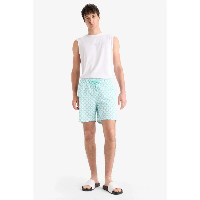 Defacto E0977 Yeşil Regular Fit Desenli File Astarlı Kısa Boy Deniz Şortu