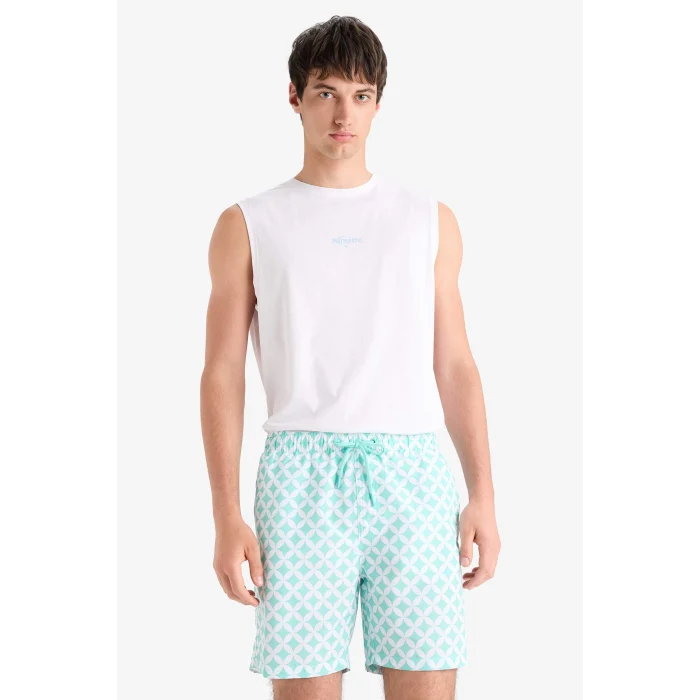 Defacto E0977 Yeşil Regular Fit Desenli File Astarlı Kısa Boy Deniz Şortu