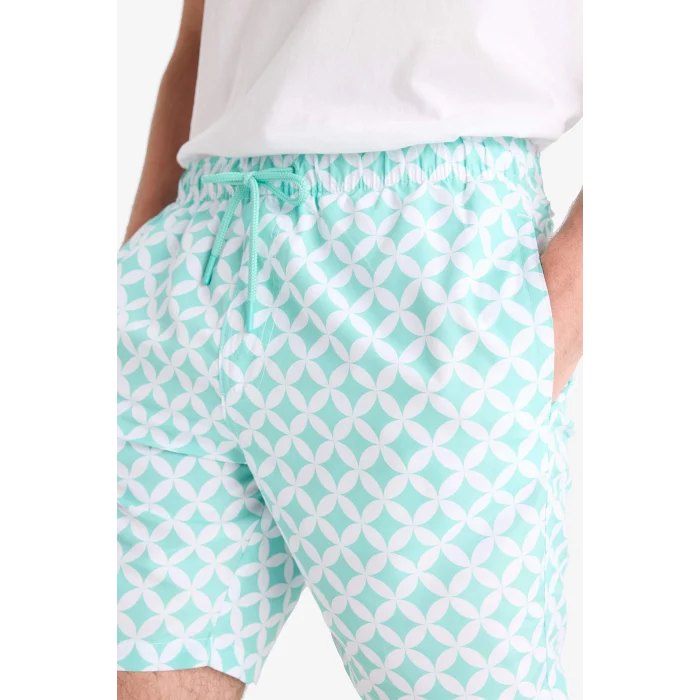 Defacto E0977 Yeşil Regular Fit Desenli File Astarlı Kısa Boy Deniz Şortu