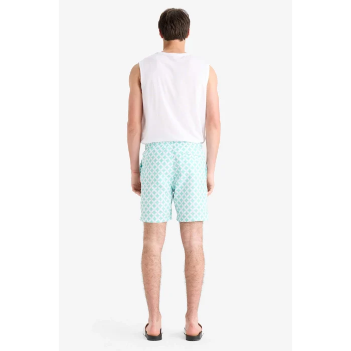 Defacto E0977 Yeşil Regular Fit Desenli File Astarlı Kısa Boy Deniz Şortu