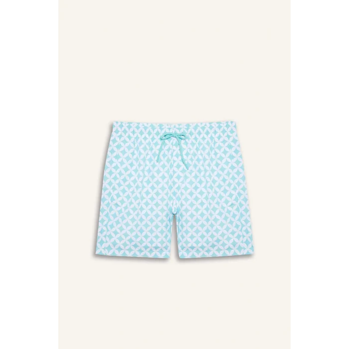 Defacto E0977 Yeşil Regular Fit Desenli File Astarlı Kısa Boy Deniz Şortu