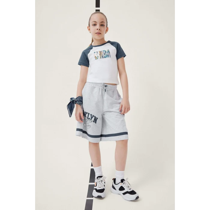 Defacto E6698 Gri Kız Çocuk Beli Lastikli Baskılı Şort