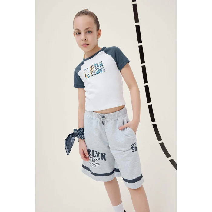 Defacto E6698 Gri Kız Çocuk Beli Lastikli Baskılı Şort