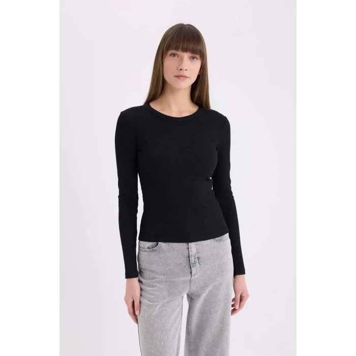 Defacto E5767 Siyah Slim Fit Dar Kesim Bisiklet Yaka Basic Düz Fitilli Kaşkorse Uzun Kollu Tişört