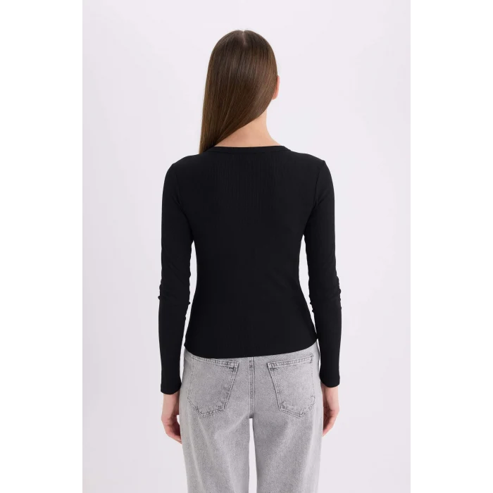Defacto E5767 Siyah Slim Fit Dar Kesim Bisiklet Yaka Basic Düz Fitilli Kaşkorse Uzun Kollu Tişört