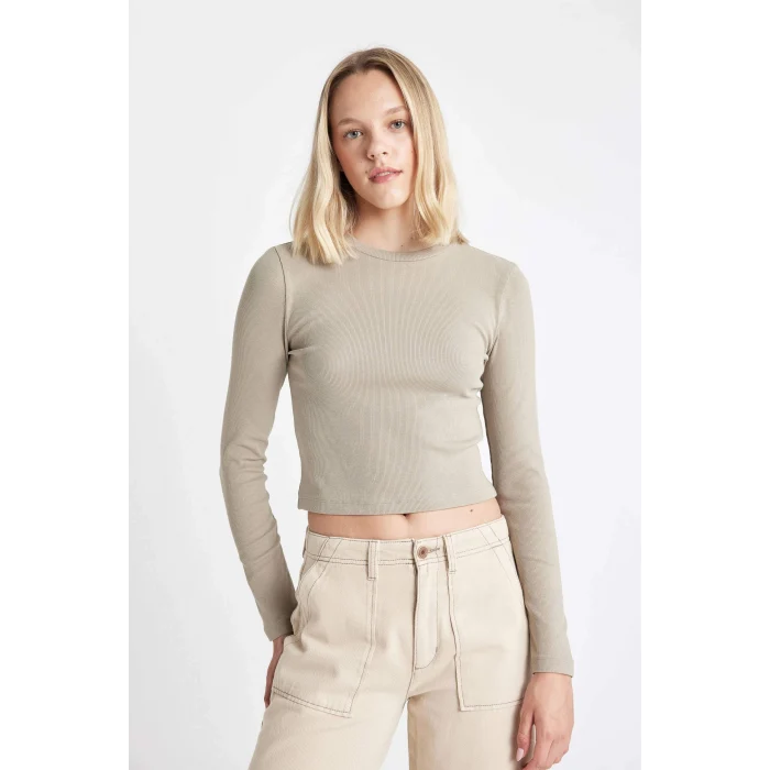 Defacto Y9870 Haki Fitted Bisiklet Yaka Fitilli Kaşkorse Basic Düz Uzun Kollu Tişört