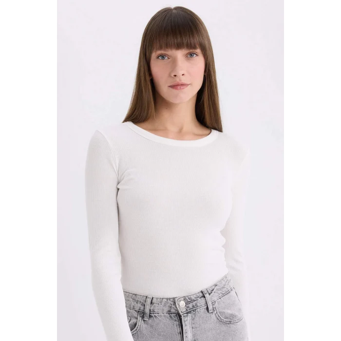 Defacto E5767 Ekru Slim Fit Dar Kesim Bisiklet Yaka Basic Düz Fitilli Kaşkorse Uzun Kollu Tişört