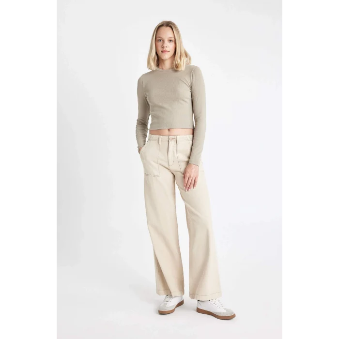 Defacto Y9870 Haki Fitted Bisiklet Yaka Fitilli Kaşkorse Basic Düz Uzun Kollu Tişört