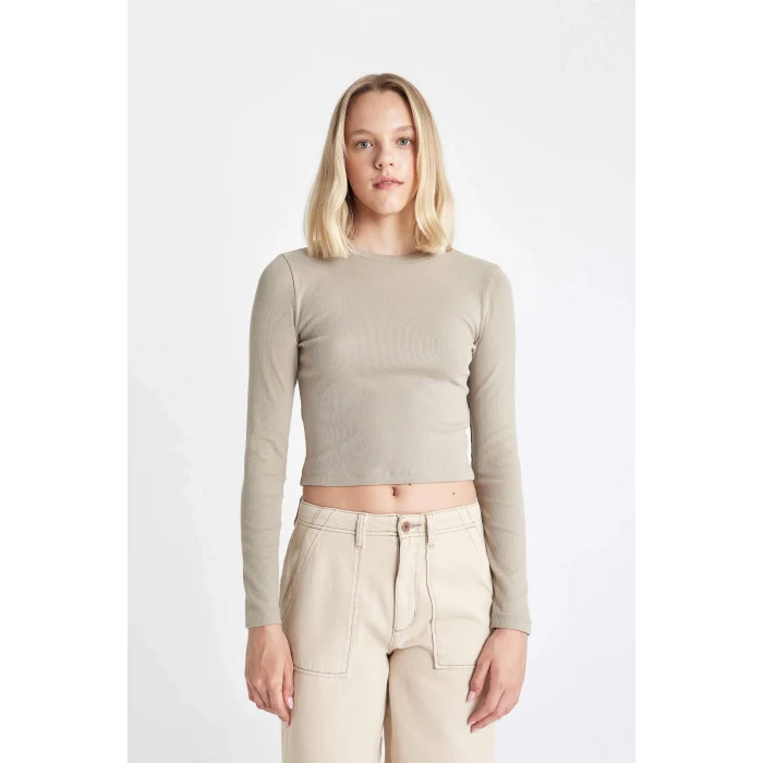 Defacto Y9870 Haki Fitted Bisiklet Yaka Fitilli Kaşkorse Basic Düz Uzun Kollu Tişört