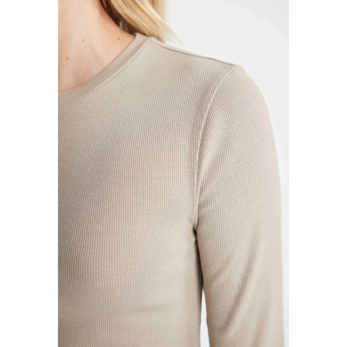 Defacto Y9870 Haki Fitted Bisiklet Yaka Fitilli Kaşkorse Basic Düz Uzun Kollu Tişört