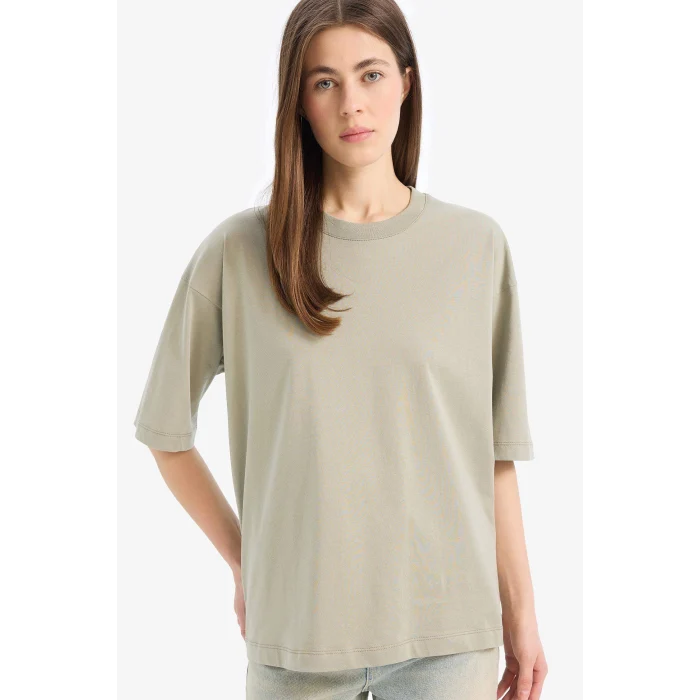 Defacto C0099 Yeşil Oversize Geniş Kalıp Bisiklet Yaka Basic Düz Penye Kısa Kollu Tişört