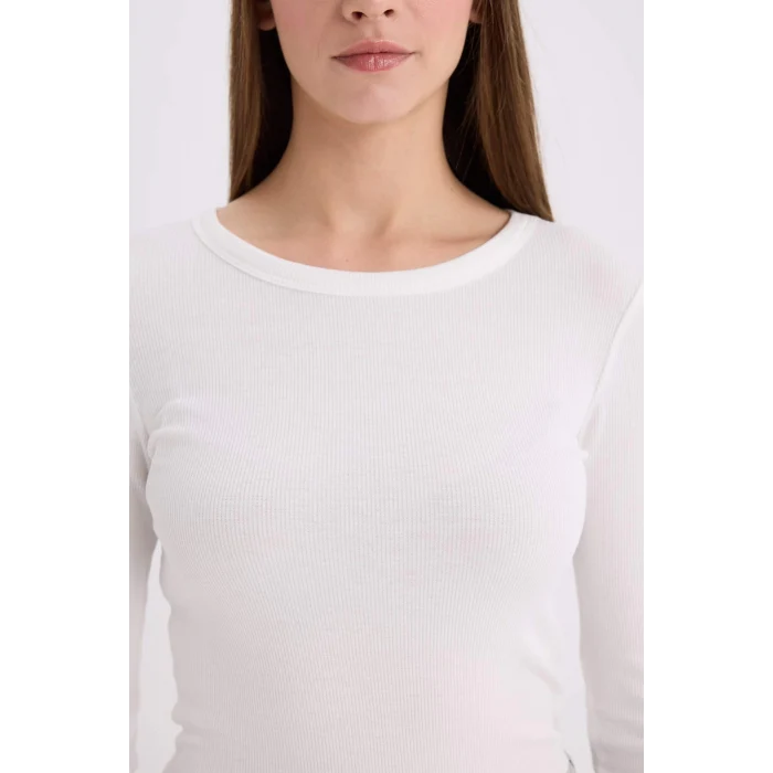 Defacto E5767 Ekru Slim Fit Dar Kesim Bisiklet Yaka Basic Düz Fitilli Kaşkorse Uzun Kollu Tişört