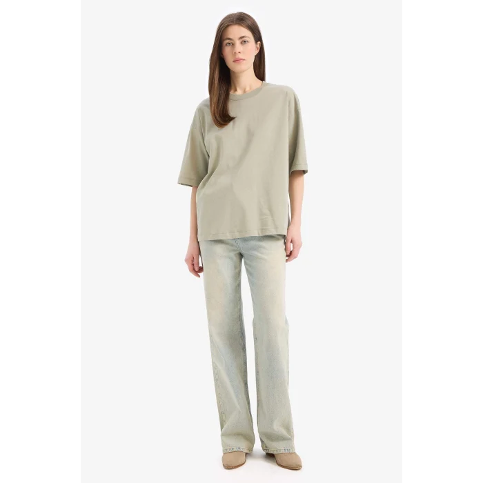 Defacto C0099 Yeşil Oversize Geniş Kalıp Bisiklet Yaka Basic Düz Penye Kısa Kollu Tişört