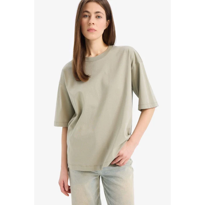 Defacto C0099 Yeşil Oversize Geniş Kalıp Bisiklet Yaka Basic Düz Penye Kısa Kollu Tişört