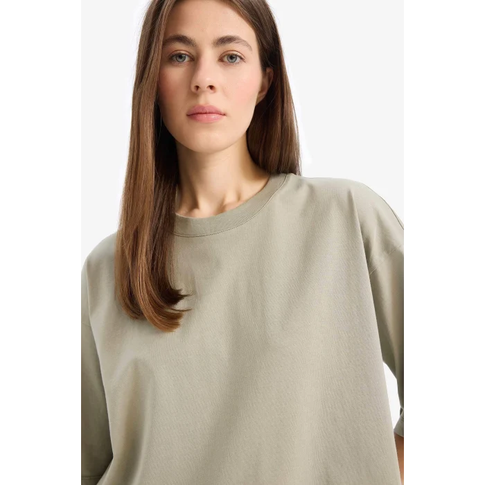 Defacto C0099 Yeşil Oversize Geniş Kalıp Bisiklet Yaka Basic Düz Penye Kısa Kollu Tişört