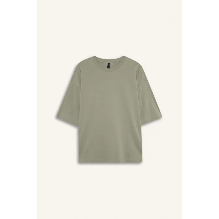 Defacto C0099 Yeşil Oversize Geniş Kalıp Bisiklet Yaka Basic Düz Penye Kısa Kollu Tişört