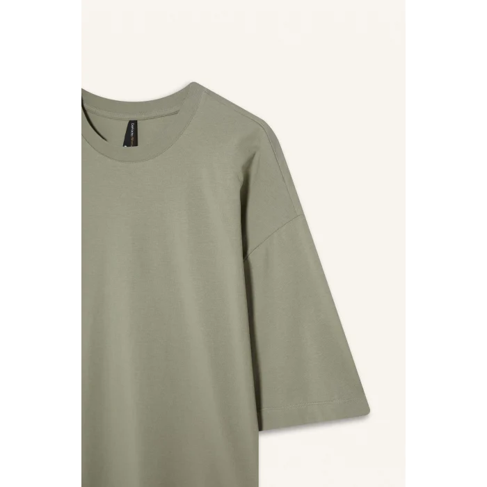 Defacto C0099 Yeşil Oversize Geniş Kalıp Bisiklet Yaka Basic Düz Penye Kısa Kollu Tişört