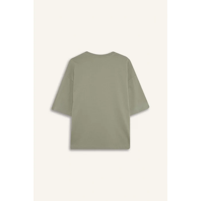 Defacto C0099 Yeşil Oversize Geniş Kalıp Bisiklet Yaka Basic Düz Penye Kısa Kollu Tişört