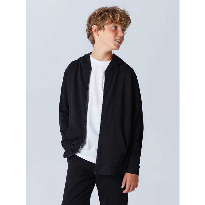 LCW Kids Siyah Kapüşonlu Erkek Çocuk Fermuarlı Sweatshirt