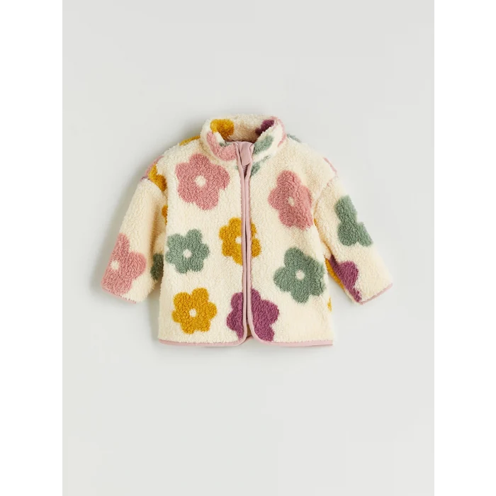 LCW baby Ekru Dik Yaka Çiçekli Kız Bebek Pelüş Hırka