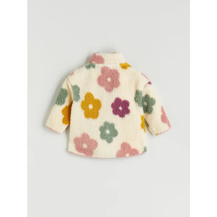 LCW baby Ekru Dik Yaka Çiçekli Kız Bebek Pelüş Hırka