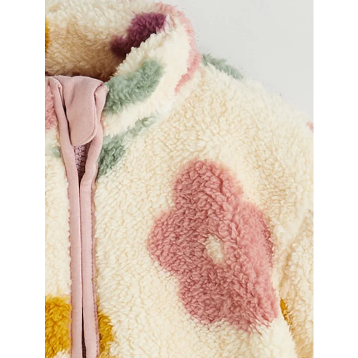 LCW baby Ekru Dik Yaka Çiçekli Kız Bebek Pelüş Hırka