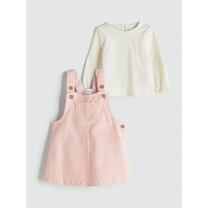 LC Waikiki Yeşil Bisiklet Yaka Kadife Kız Bebek Bluz ve Salopet 2li