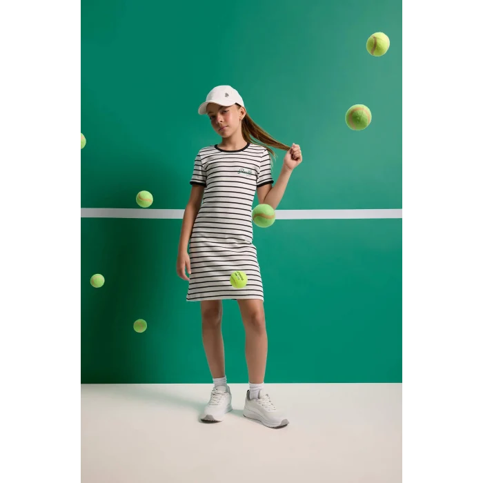 Defacto E3830 Siyah Kız Çocuk Bisiklet Yaka Fitilli Kaşkorse Kısa Kollu Çizgili Yazlık Elbise