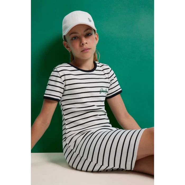 Defacto E3830 Siyah Kız Çocuk Bisiklet Yaka Fitilli Kaşkorse Kısa Kollu Çizgili Yazlık Elbise