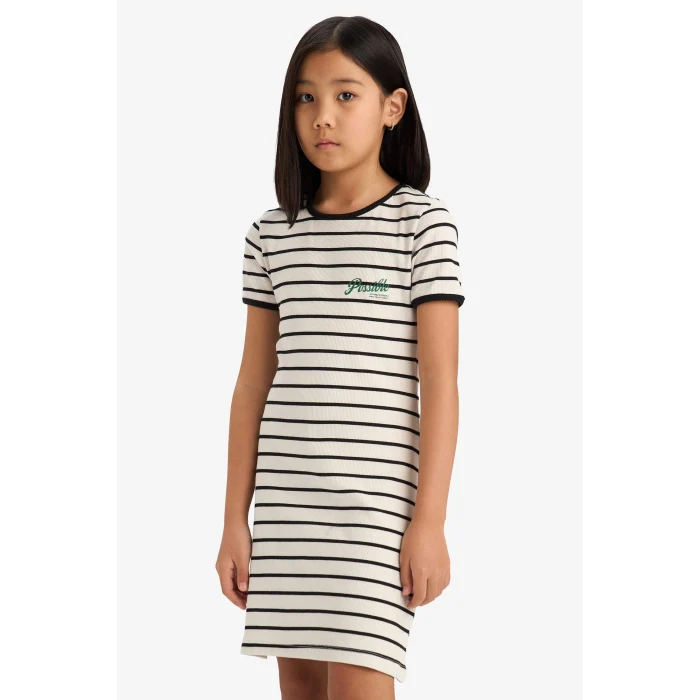 Defacto E3830 Siyah Kız Çocuk Bisiklet Yaka Fitilli Kaşkorse Kısa Kollu Çizgili Yazlık Elbise