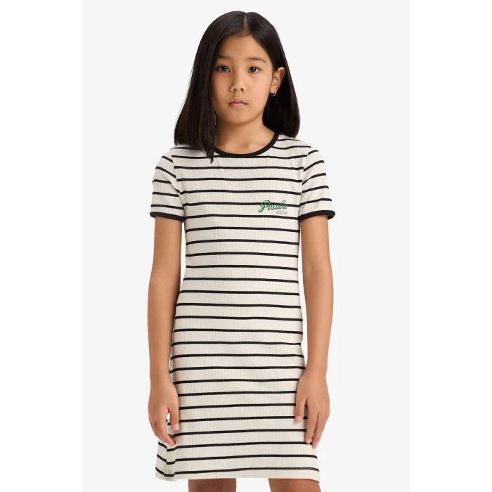 Defacto E3830 Siyah Kız Çocuk Bisiklet Yaka Fitilli Kaşkorse Kısa Kollu Çizgili Yazlık Elbise