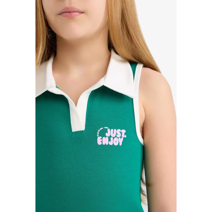 Defacto E3832 Yeşil Kız Çocuk Polo Yaka Baskılı Fitilli Kaşkorse Kolsuz Yazlık Elbise