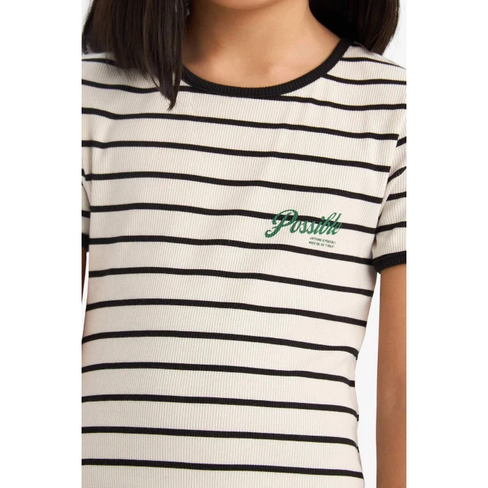 Defacto E3830 Siyah Kız Çocuk Bisiklet Yaka Fitilli Kaşkorse Kısa Kollu Çizgili Yazlık Elbise