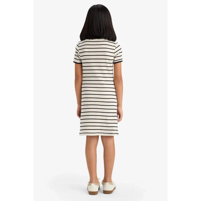 Defacto E3830 Siyah Kız Çocuk Bisiklet Yaka Fitilli Kaşkorse Kısa Kollu Çizgili Yazlık Elbise