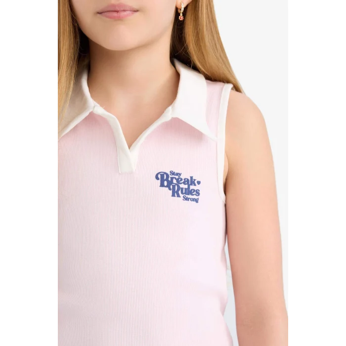 Defacto E3832 Pembe Kız Çocuk Polo Yaka Baskılı Fitilli Kaşkorse Kolsuz Elbise
