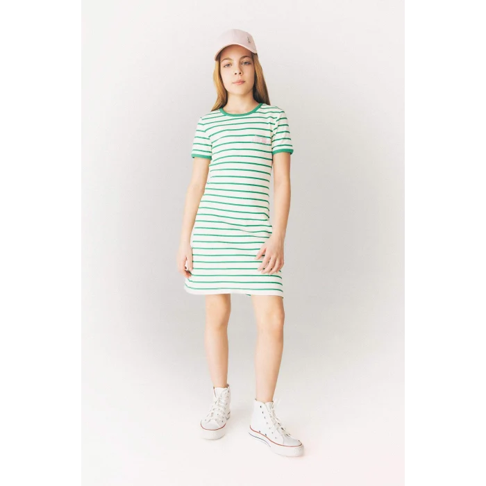 Defacto E3830 Yeşil Kız Çocuk Bisiklet Yaka Fitilli Kaşkorse Kısa Kollu Çizgili Yazlık Elbise