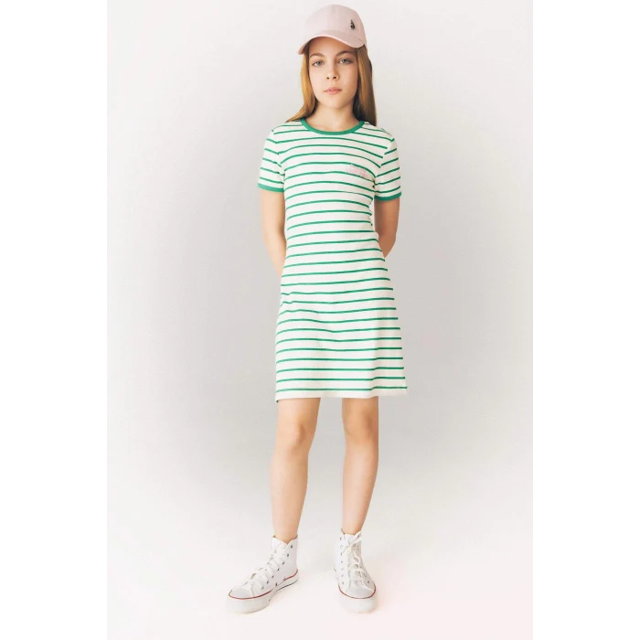 Defacto E3830 Yeşil Kız Çocuk Bisiklet Yaka Fitilli Kaşkorse Kısa Kollu Çizgili Yazlık Elbise
