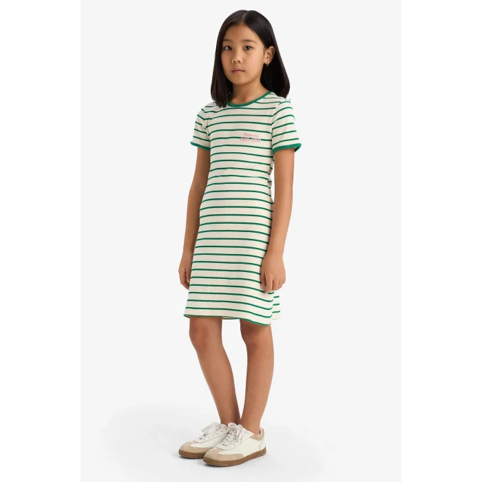 Defacto E3830 Yeşil Kız Çocuk Bisiklet Yaka Fitilli Kaşkorse Kısa Kollu Çizgili Yazlık Elbise