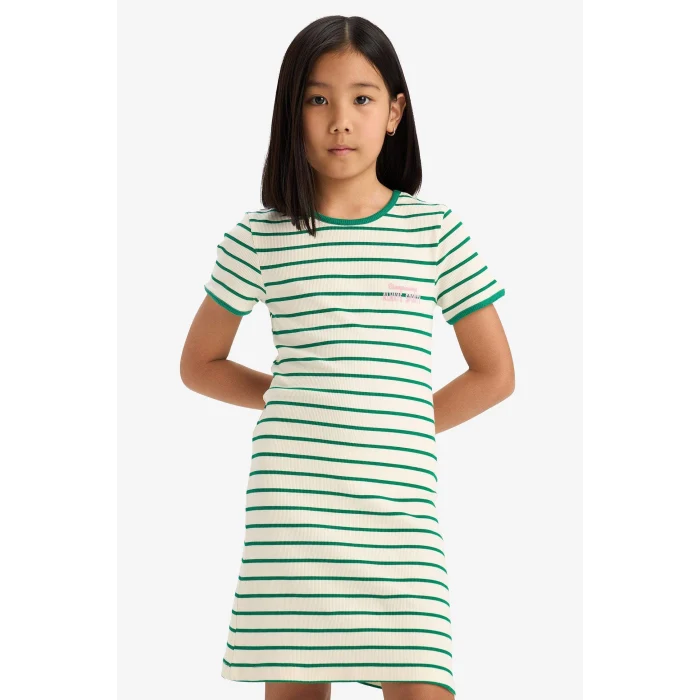 Defacto E3830 Yeşil Kız Çocuk Bisiklet Yaka Fitilli Kaşkorse Kısa Kollu Çizgili Yazlık Elbise