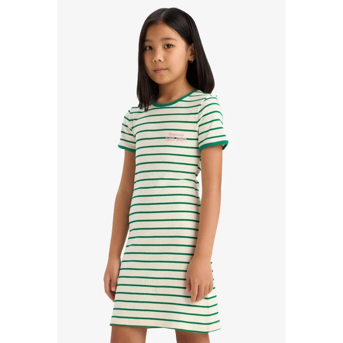 Defacto E3830 Yeşil Kız Çocuk Bisiklet Yaka Fitilli Kaşkorse Kısa Kollu Çizgili Yazlık Elbise