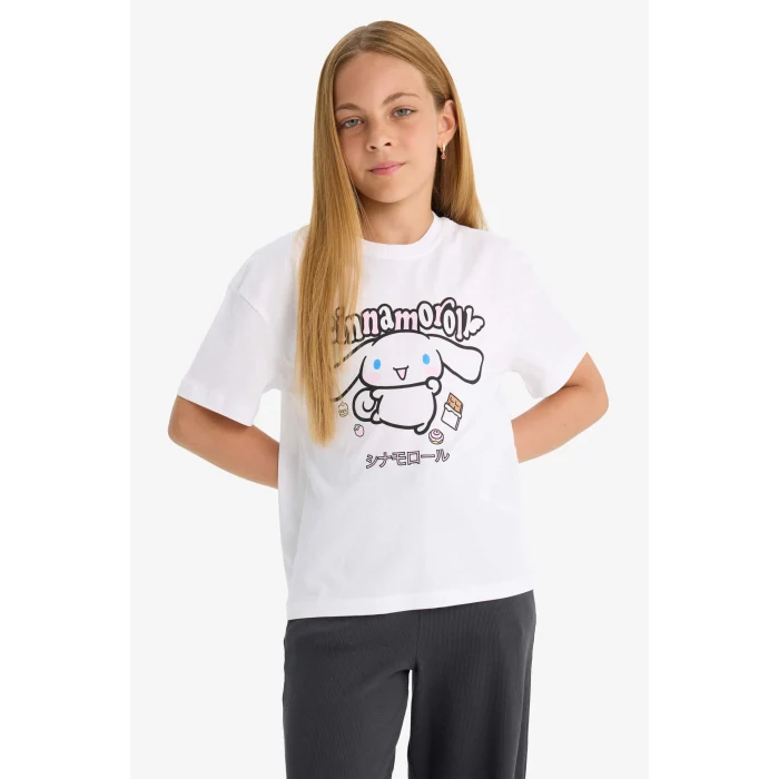 Defacto F5815 Beyaz Kız Çocuk Hello Kitty Relax Fit Bisiklet Yaka Kısa Kollu Tişört