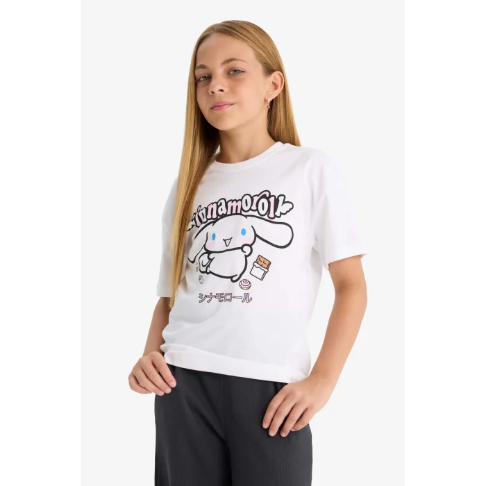 Defacto F5815 Beyaz Kız Çocuk Hello Kitty Relax Fit Bisiklet Yaka Kısa Kollu Tişört
