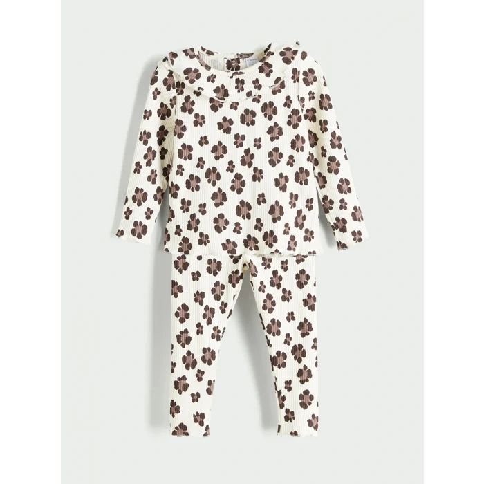 LCW baby Ekru Bisiklet Yaka Çiçekli Kız Bebek Tişört ve Tayt 2li Takım