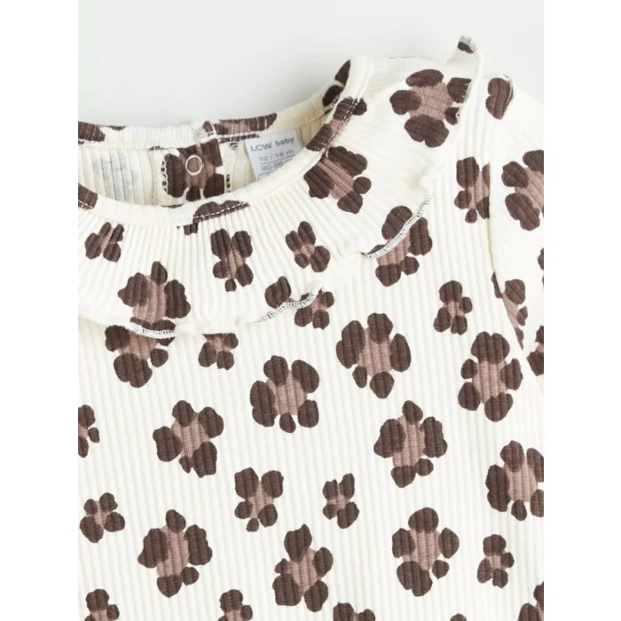 LCW baby Ekru Bisiklet Yaka Çiçekli Kız Bebek Tişört ve Tayt 2li Takım