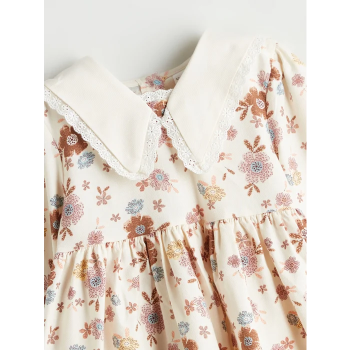 LCW Kids Ekru Bebe Yaka Çiçekli Kız Çocuk Elbise