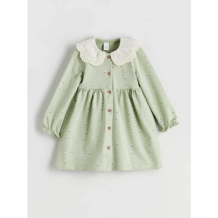 LCW baby Yeşil Bebe Yaka Çiçekli Kız Bebek Elbise