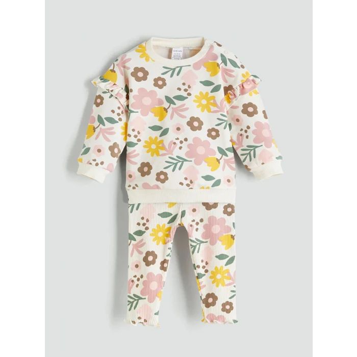 LCW baby Ekru Bisiklet Yaka Çiçekli Kız Bebek Sweatshirt ve Eşofman Alt 2li