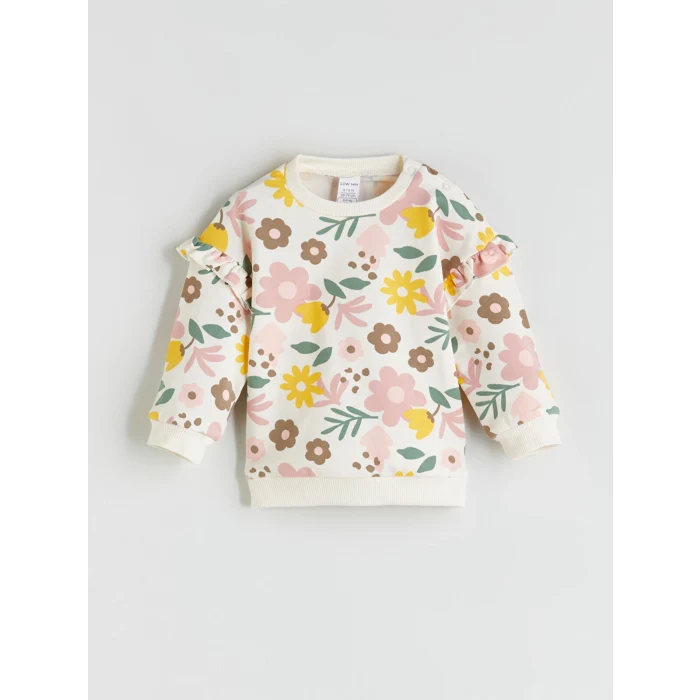 LCW baby Ekru Bisiklet Yaka Çiçekli Kız Bebek Sweatshirt ve Eşofman Alt 2li